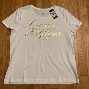 Tommy Hilfiger Women's White T-Shirt With Gold Script Logo - Large